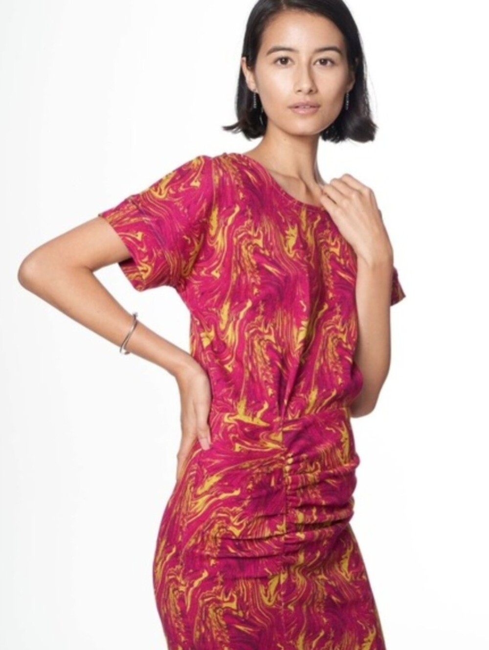 Lennon Ruched Dress Cerise Swirl‎ Marble Print - THE KIT Daniel Vosovic